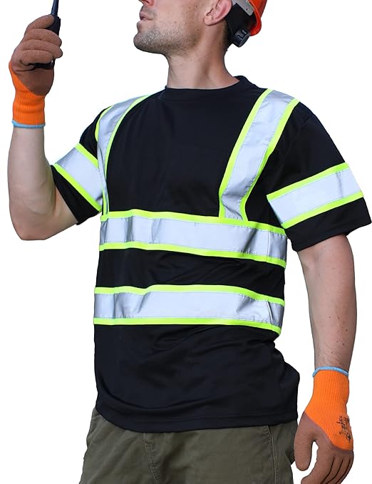 sesafety High Visibility Shirts for Mens Class 3 Hi Vis Reflective Construction Shirts for Men with Pocket Safety T Shirts for Men Work Shirt for Mens Short Sleeve Black Yellow Strips 2XL