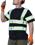 sesafety High Visibility Shirts for Mens Class 3 Hi Vis Reflective Construction Shirts for Men with Pocket Safety T Shirts for Men Work Shirt for Mens Short Sleeve Black Yellow Strips XL
