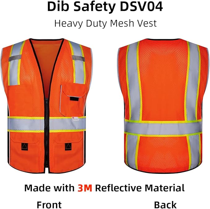 Dib Safety Vest Reflective Orange Mesh, High Visibility Vest with Pockets and Zipper, Heavy Duty Vest Made with 3M Reflective Tape M