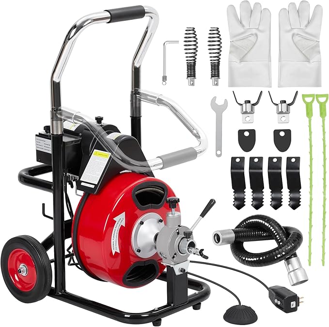 100 FT x 3/8 Inch Drain Cleaner Machine with 370W Motor, Auto Feed Sewer Snake Auger with 8 Cutters & Air-activated Foot Switch, Semi-Enclosed Drum Drain Cleaning Tool for 2" to 4" Pipes