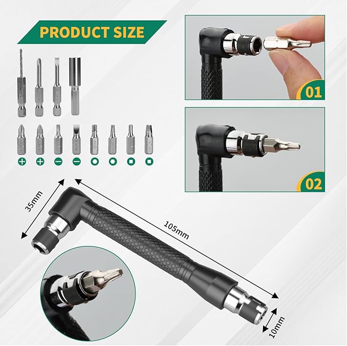 19 Pcs Flexible Drill Bit Extension Kit, Includes 2 Pcs 105° Right Angle Drill Attachment, 3 Pcs Rotatable Socket Adapter, 10+2 Pcs Screwdriver Bits & Bendable Extension for Tight Spaces