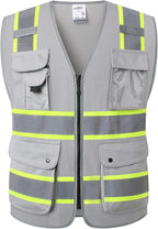 JKSafety 9 Pockets Hi-Vis Fluorescent Color Zipper Front Safety Vest with Neon Color Extended Yellow Trims for Men and Women Work Safety Utility (901-Grey XXL)