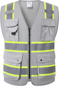 JKSafety 9 Pockets Hi-Vis Fluorescent Color Zipper Front Safety Vest with Neon Color Extended Yellow Trims for Men and Women Work Safety Utility (901-Grey M)
