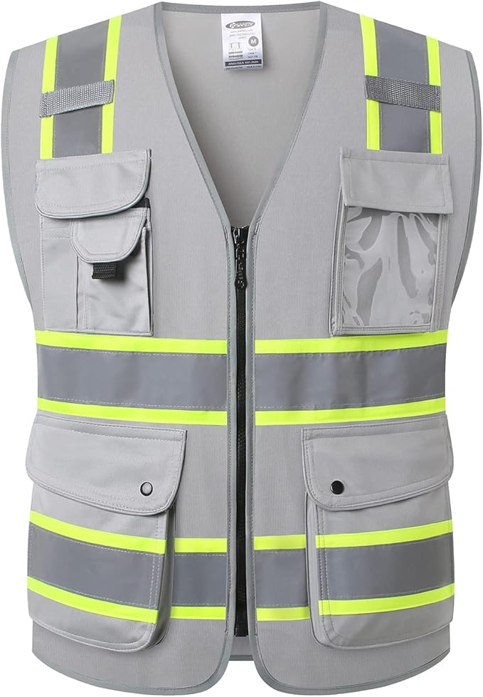 JKSafety 9 Pockets Hi-Vis Fluorescent Color Zipper Front Safety Vest with Neon Color Extended Yellow Trims for Men and Women Work Safety Utility (901-Grey 3XL)