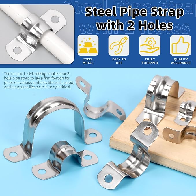 Glarks 50Pcs M8 Pipe Strap Clamp, 304 Stainless Steel 2 Hole Strap Heavy Duty Rigid Pipe Strap U Bracket Tube Strap Cable Clamp Hanger Tension Tube Clip for Pipe Tube Cable Fixing (25mm (1"))
