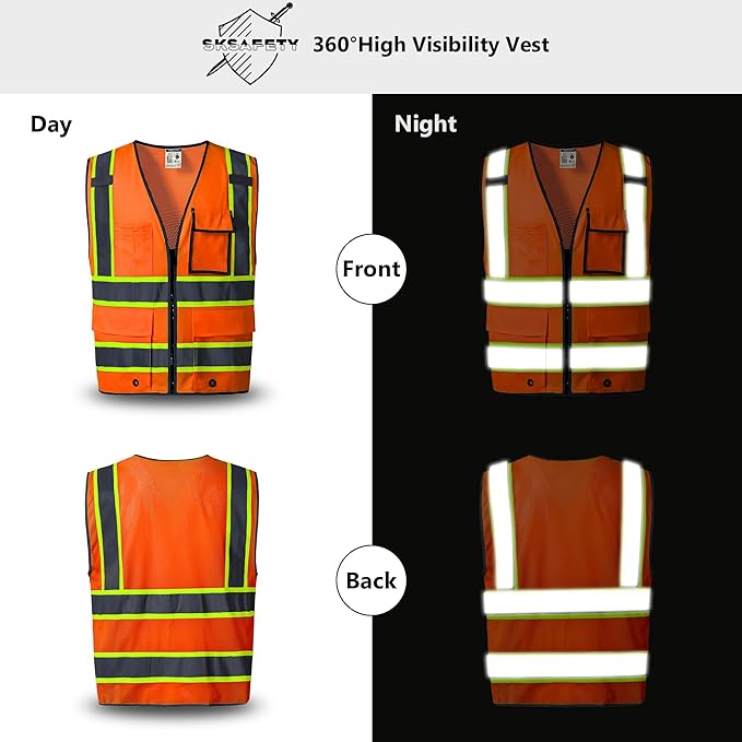 SKSAFETY 10 Pockets Safety Vest, Class 2 High Visibility Security with Zipper Back Mesh, Hi Vis Vest with Reflective Strips, ANSI/ISEA Standard, Construction Work Vest for Men ＆ Women （Orange, 4XL）