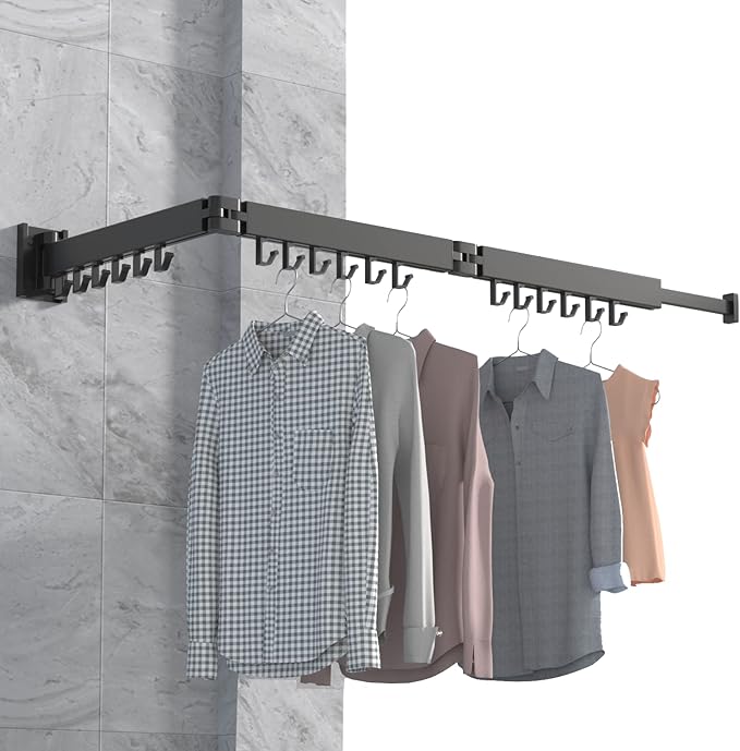 Wall Mounted Clothes Hanger Rack, Retractable Clothes Drying Rack Folding Indoor, Laundry Drying Rack, Space Saver Clothes Rack,Collapsible(Tri-Fold),with 18 J-Hooks Laundry Rack Black