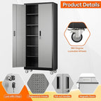 Metal Garage Storage Cabinet with Pegboard, 71''H*32" W*16" D Rolling Tool Cabinets on Wheels with 5 Adjustable Shelves for Garage Home Warehouse Utility Room, Assembly Required,Black and Grey