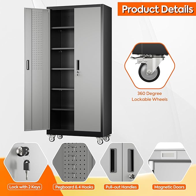 Metal Garage Storage Cabinet with Pegboard, 71''H*32" W*16" D Rolling Tool Cabinets on Wheels with 5 Adjustable Shelves for Garage Home Warehouse Utility Room, Assembly Required,Black and Grey