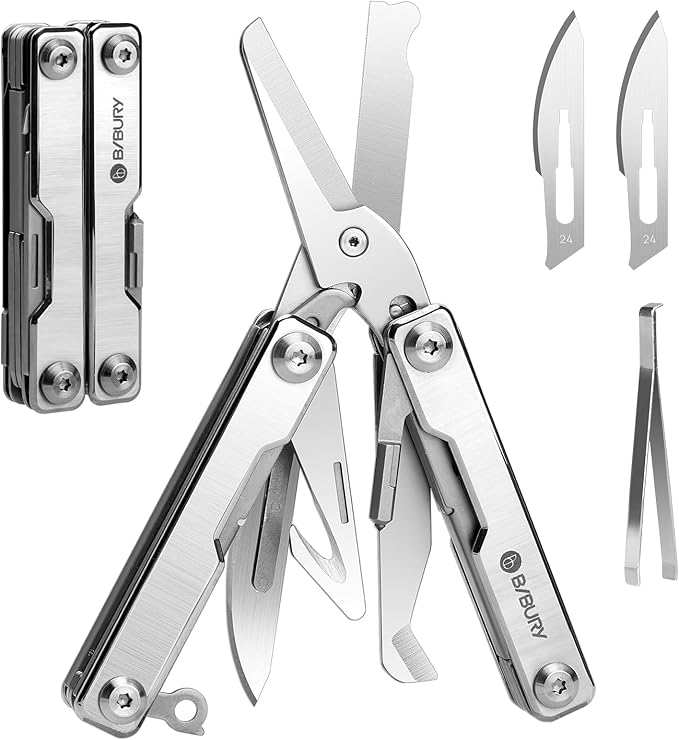 BIBURY Mini Multitool BI2052A, 8 in 1 Keychain EDC Scissors w/Window Breaker, Seat Belt Cutter, Bottle Opener for Outdoor Survival, Mini Multi Tool Cool Gadget TSA Approved, Gifts for Men and Women