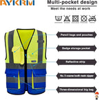 XSMALL High Visibility REFLECTIVE WORK Yellow Blue Safety Vest with zipper Reflective Strips 7 Pockets