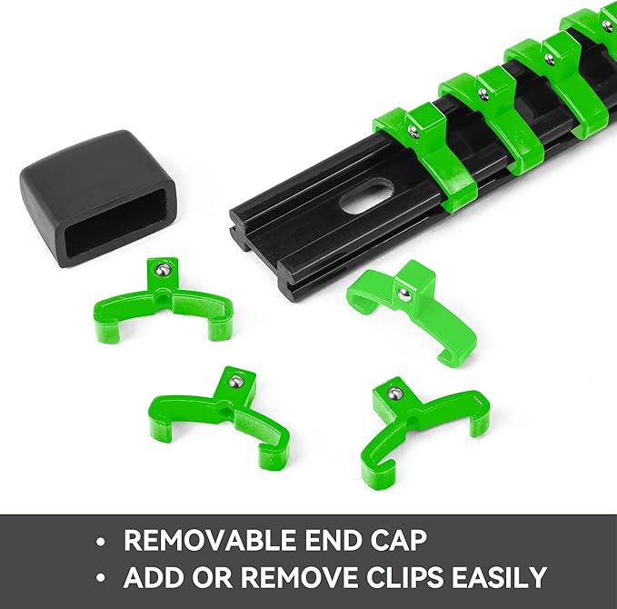 ALOANES 6 PC ABS Socket Organizer, 1/2 inch, 3/8 inch and 1/4 inch Drive Socket Rail Holders, Heavy Duty Socket Racks, Black Rails with Green Clips