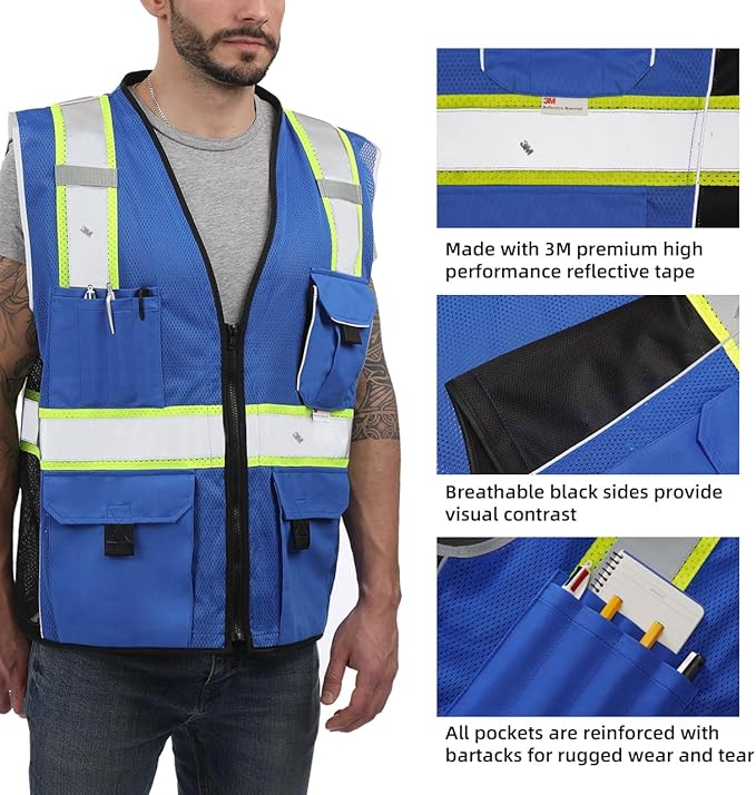 Dib Safety Vest Reflective Blue Mesh, High Visibility Vest with Pockets and Zipper, Heavy Duty Vest Made with 3M Reflective Tape M