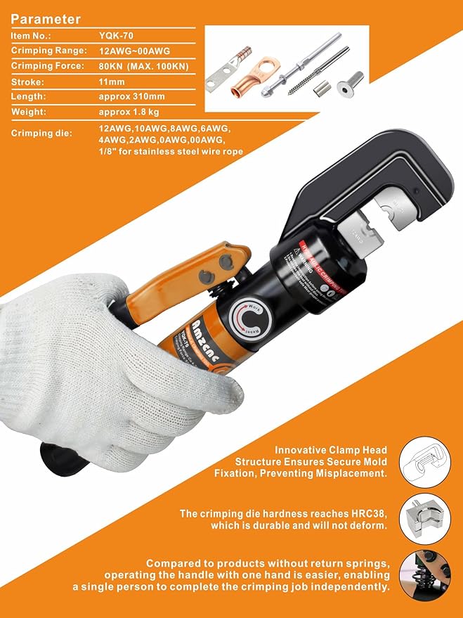 AMZCNC 1/8” Wire Rope Crimping Tool Hydraulic Crimping Tool Kit - 12 AWG to 2/0 AWG with 9 Die Sets-For Battery/Welding Cables, Power Wires, Electrical Cables - 180° Rotatable Head