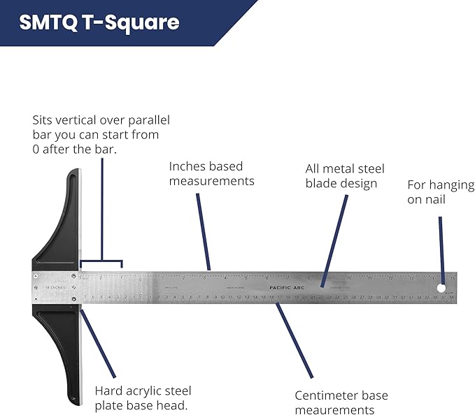 Pacific Arc 36 Inch T Square, Traditional Stainless Steel, Graduated Inch and Metric