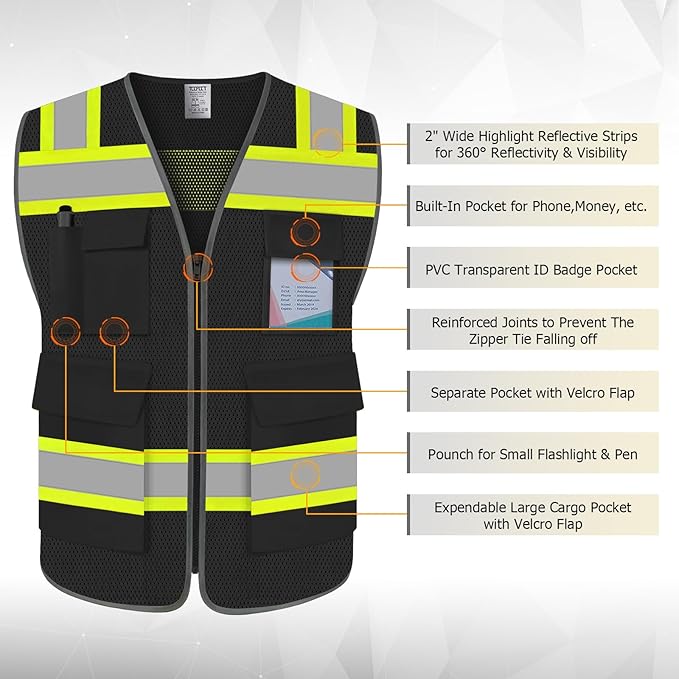 TCCFCCT High Visibility Safety Vest - 5 Pockets Mesh Reflective for Men Women, Hi Vis Construction With Neon Yellow Edge, Reinforced Sewing, Durable, Meets ANSI/ISEA, DW-Black, XL