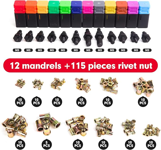 RZX 16" RIVET NUT TOOL Hand Blind Riveter,RIVNUT Riveting Tools with Nut Setting System M3 M4 M5,m6,m8,m10 M12, 10-24, 1/4-20, 5/16-18,3/8-16,totally 11 mandrels+110PCS Rivets Nuts (17" RIVET GUN)