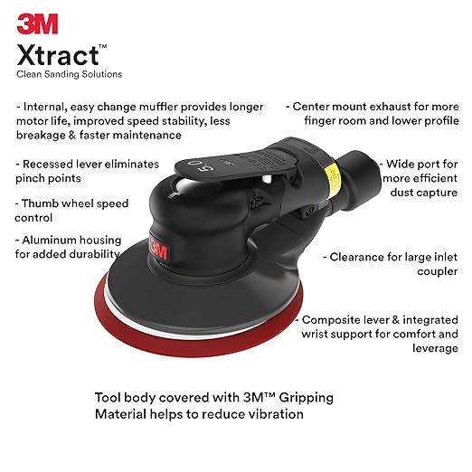 3M Random Orbital Sander, Xtract Pneumatic 88944, 5 in, with Central Vacuum Attachment, 3/8 in Orbit, Ergonomic and Lightweight ROS, .28 HP (209W) Motor