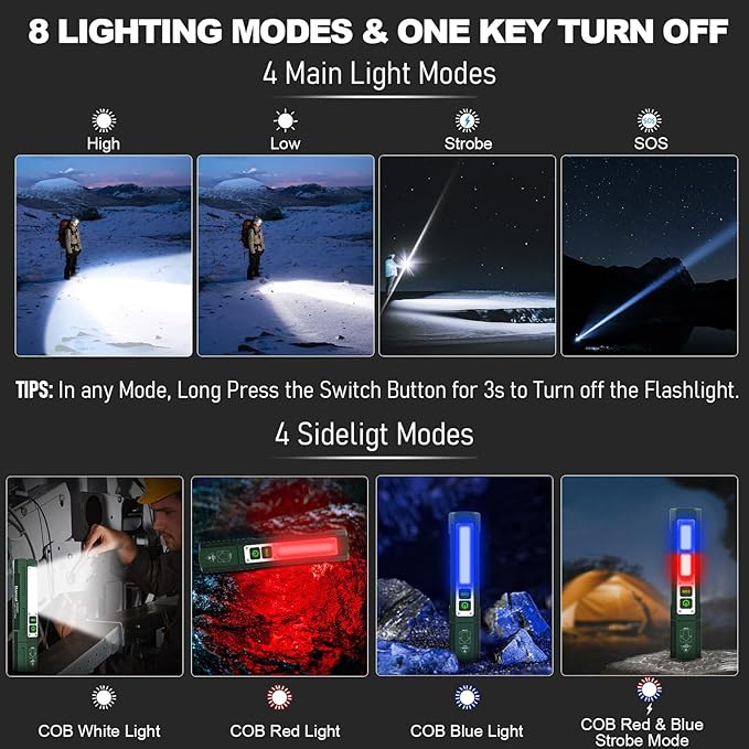 Rechargeable Flashlights High Lumens - Super Bright Small Pocket Magnetic Flashlight, 8 Modes LED Tactical Flash Light, Dual Button Powerful Flashlight for Camping (2, Hunter Green)