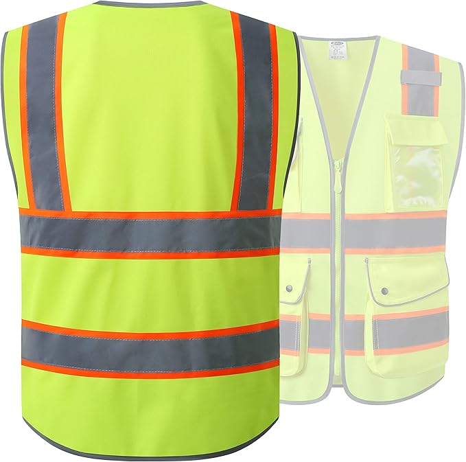 JKSafety 9 Pockets Hi-Vis Neon Yellow Color Zipper Front Safety Vest with Fluorescent Orange Extend Edge outlining the Reflective Tapes Meet ANSI/ISEA Class 2 Standard (901-Yellow, 5XL)