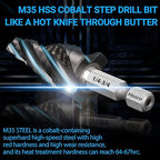 MABLEVI M35 Four Spiral Flute Cobalt Step Drill Bit 1/4" - 3/4", Wear-Resistant TiAlN Coated 1/4" Hex Shank Unibit Step Bit for Metal, Stainless Steel, Aluminum, Wood, Plastic（9 Sizes）