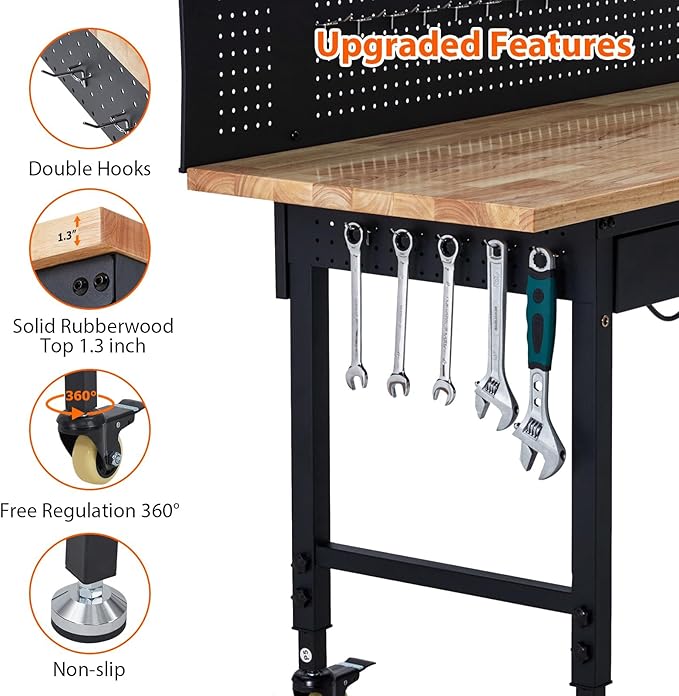 60'' Adjustable Workbench, Heavy Duty Workbench with Drawer and Backplate, 2000 LBS Capacity Work Table with Power Outlet and Lockable Wheels, Suitable for Office, Garage, Workshop