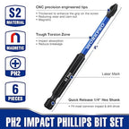 WORKPRO 6pcs PH2 Impact Phillips Screwdriver Bit Set, S2 Professional CNC Anti-Slip Magnetism Bits, 1/4" Hex-Shank #2 Phillips Impact Driver Bits, 4" Long Impact Screwdriving Bits with Holder