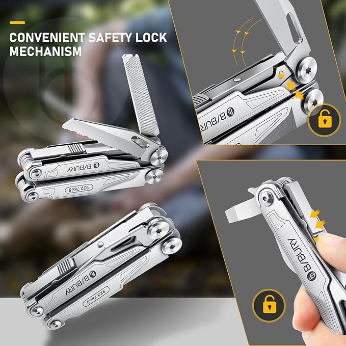 BIBURY Multitool BI2038A, 19-in-1 Stainless Steel Multi Tool with Fold-able Pliers, Screwdriver Sleeve, Scissors, Pocket Knife, Nylon Sheath, Muti-tool for Camping Survival Hiking Hunting Repairing
