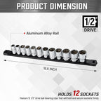 ALOANES 1/2-Inch Drive Magnetic Socket Organizer, Heavy Duty Aluminum Socket Rail Organizer, 360° Swivel Clips Socket Holder Kit for Tool Box, 1/2 Inch Socket Holder x 12 Clips (Black)