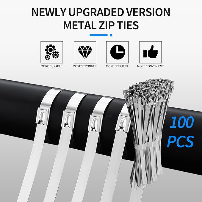 Metal Stainless Steel Cable Ties: Heavy Steel Cable Tie, Metal Tie Wrap with 100pcs 4.6×300 Self-Locking Stainless Steel Zip Ties and Metal Cable Tie Remover for outdoor fence repair etc.