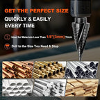 COMOWARE M35 Cobalt Step Drill Bit, 4 Spiral Flute, Step bit with 3/8" Hex Shank, 12 Sizes (3/16" to 7/8"), Steps bits for Metal, Stainless Steel, Aluminum/Wood/Plastic, Unibit for Electricians & DIY