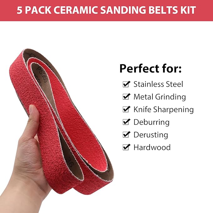 5 Pack 2x72 Inch Ceramic Sanding Belts 36 Grit, 2 x 72 Metal Grinding Sanding Belt, Sander Belts for Metal Knife Sharpening, 5 Pack(2x72in)