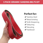2 x 42 Inch Ceramic Grinding Belts, 36 Grit 2x42 Metal Sanding Belt, Sharpening Sander Belts for Knife Metal, 5 Pack