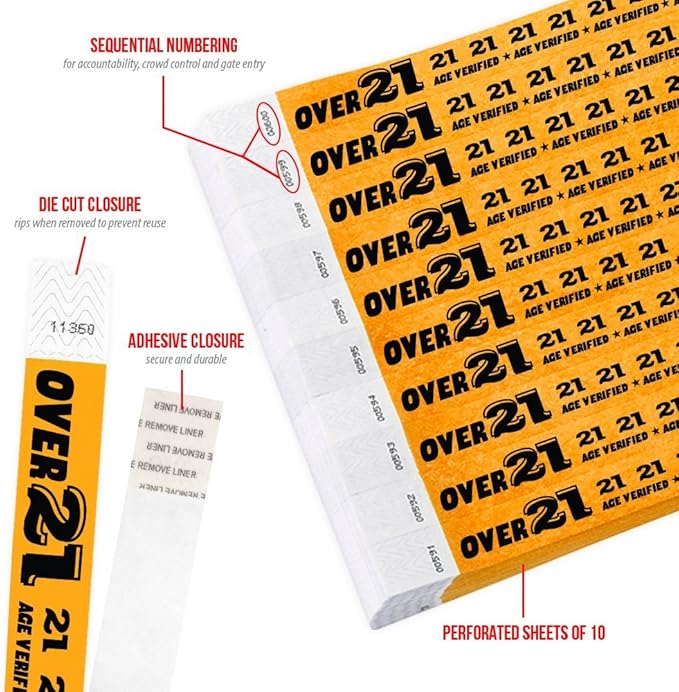 500 WristCo Over 21 Neon Orange Tyvek Wristbands for Events - ¾” x 10” - Waterproof Recyclable Comfortable Tear Resistant Paper Bracelets Wrist Bands for Concerts Festivals Admission Party