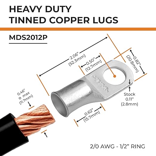 SELTERM 2pcs 2/0 AWG 1/2" Stud Tinned Copper Wire Lugs, Battery Lugs, Ring Terminals, Battery Cable Ends, 00 Gauge Ring Terminal Connectors, UL Marine Grade Electrical Battery Terminal Connectors