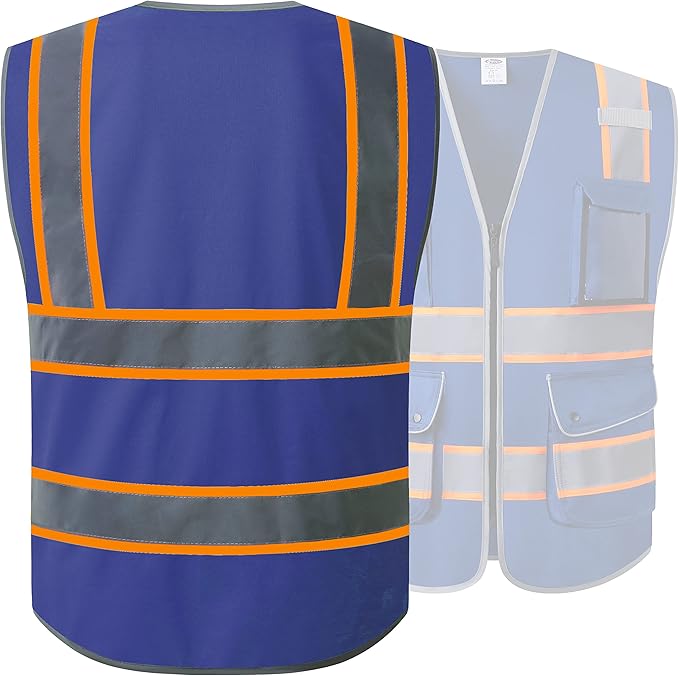 JKSafety 9 Pockets High Visibility Zipper Front Safety Vest | Blue with Dual Tone High Reflective Strips | Meets ANSI/ISEA Standards (901-Blue, X-Large)