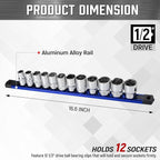 ALOANES 1/2-Inch Drive Magnetic Socket Organizer, Heavy Duty Aluminum Socket Rail Organizer, 360° Swivel Clips Socket Holder Kit for Tool Box, 1/2-Inch Socket Holder x 12 Clips (Blue)