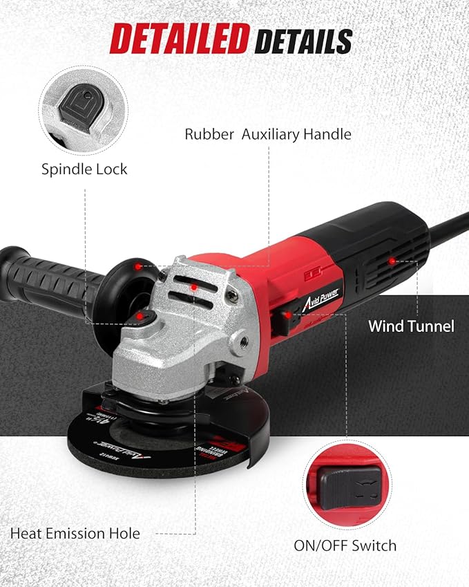 AVID POWER Angle Grinder, 7.5-Amp 4-1/2 inch Electric Grinder Power Tools with Grinding and Cutting Wheels, Flap Disc and Auxiliary Handle for Cutting, Grinding, Polishing and Rust Removal - Red