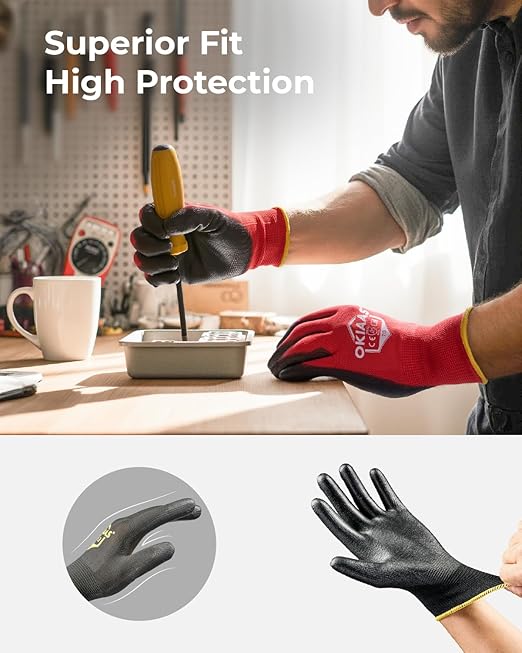 OKIAAS Men's Lightweight Construction Gloves with Grip, 12 Pairs, Red, Small