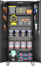 72" Metal Storage Cabinet with Wheels and Pegboard, Lockable Rolling Steel Storage Cabinet with 4 Adjustable Shelves and Door for Garage, Office, Kitchen, Assembly Required