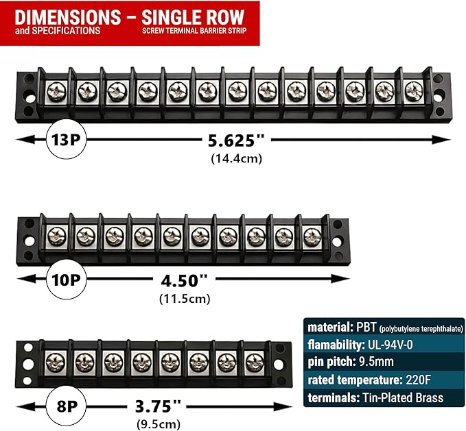 MGI SpeedWare Single Row Screw Terminal Junction Block 300V/20A, Through-Panel Barrier Strip 2-Pack (13 Screw)