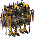 CCCEI Modular Pegboard Rack Power Tool Organizer with Charging Station. 4 Layer Wall Mount Drill Holder, Yellow Tool Battery Charger Organizer. Garage Shop Storage Utility Shelf with 10FT Power Strip