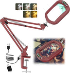 10X Rectangle Magnifying Glass with Light, 5 Color Modes Stepless Dimmable Magnifier with Stand, LED Lighted Clamp Desk Lamp with Swing Arm, Hands Free for Reading Painting Close Work - Red