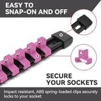 ALOANES 9pc ABS Socket Organizer Set, 1/2, 3/8 & 1/4 inch Drive Rail Holders, Heavy Duty Racks with Black Rails & Pink Clips