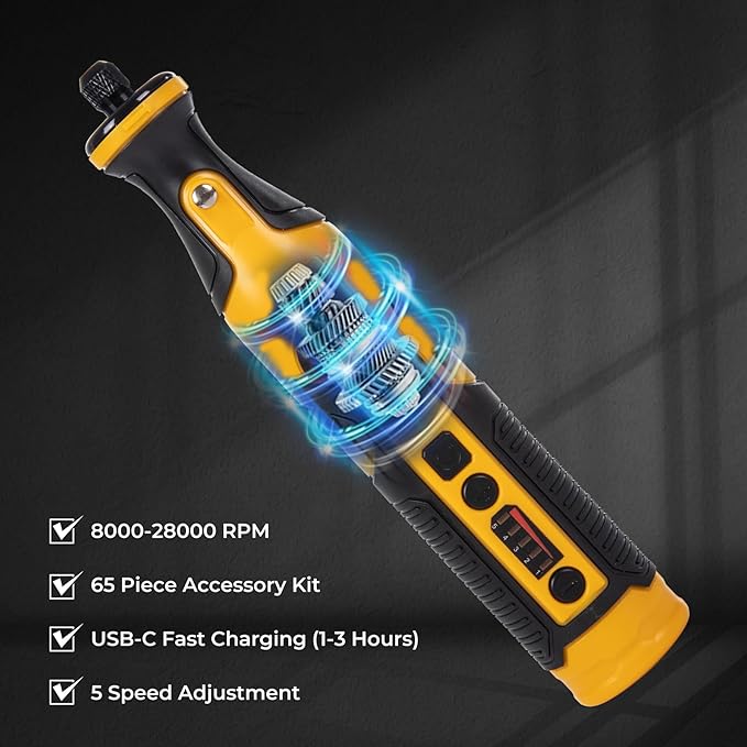 7.2V Cordless Grinder Tool with Battery & Charger, 5Speed Adjustment, LED Light, 65 Piece Accessory Kit| Cutting/Polishing Wheels, Diamond Burrs, Sanding Bands| Mini Grinder Set