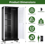 Garage Storage Cabinet with Wheels and Pegboard, Metal Broom Closet Storage Cabinet with Hanging Rod and Hooks for Garage, Bathroom, Home
