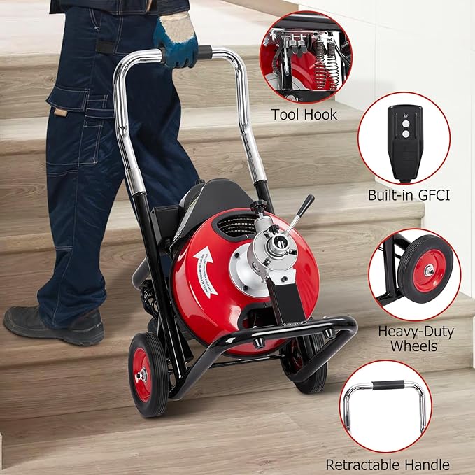 75 FT x 1/2 Inch Drain Cleaner Machine with 370W Motor, Auto Feed Sewer Snake Auger with 8 Cutters & Air-activated Foot Switch, Semi-Enclosed Drum Drain Cleaning Tool for 2" to 4" Pipes