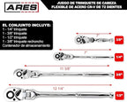 ARES 42040 - Flex Head Ratchet Set - 4-Piece 72-Tooth Ratchets - Premium Chrome Vanadium Steel Construction & Chrome Plated Finish - Quick Release Reversible Design with 5 Degree Swing