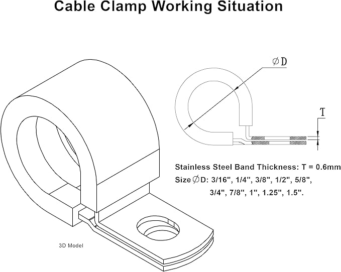 3/16" Cable Clamp Stainless Steel Rubber Cushioned Insulated Metal Clamp, Tube Holder for Tube, Pipe or Wire Cord Installation (12 Pack)