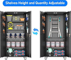 Upgraded Metal Storage Cabinet with Wheels, Lockable 72" Tall Cabinet for Garage Utility Rooms, Pegboard & 4 Hooks, Adjustable Shelves (Black)